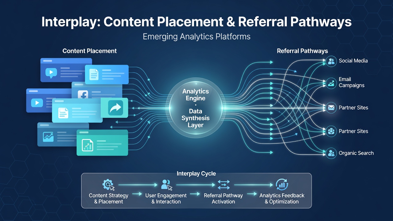 Visualization of referral pathway mapping with content placement nodes highlighted in an analytics platform