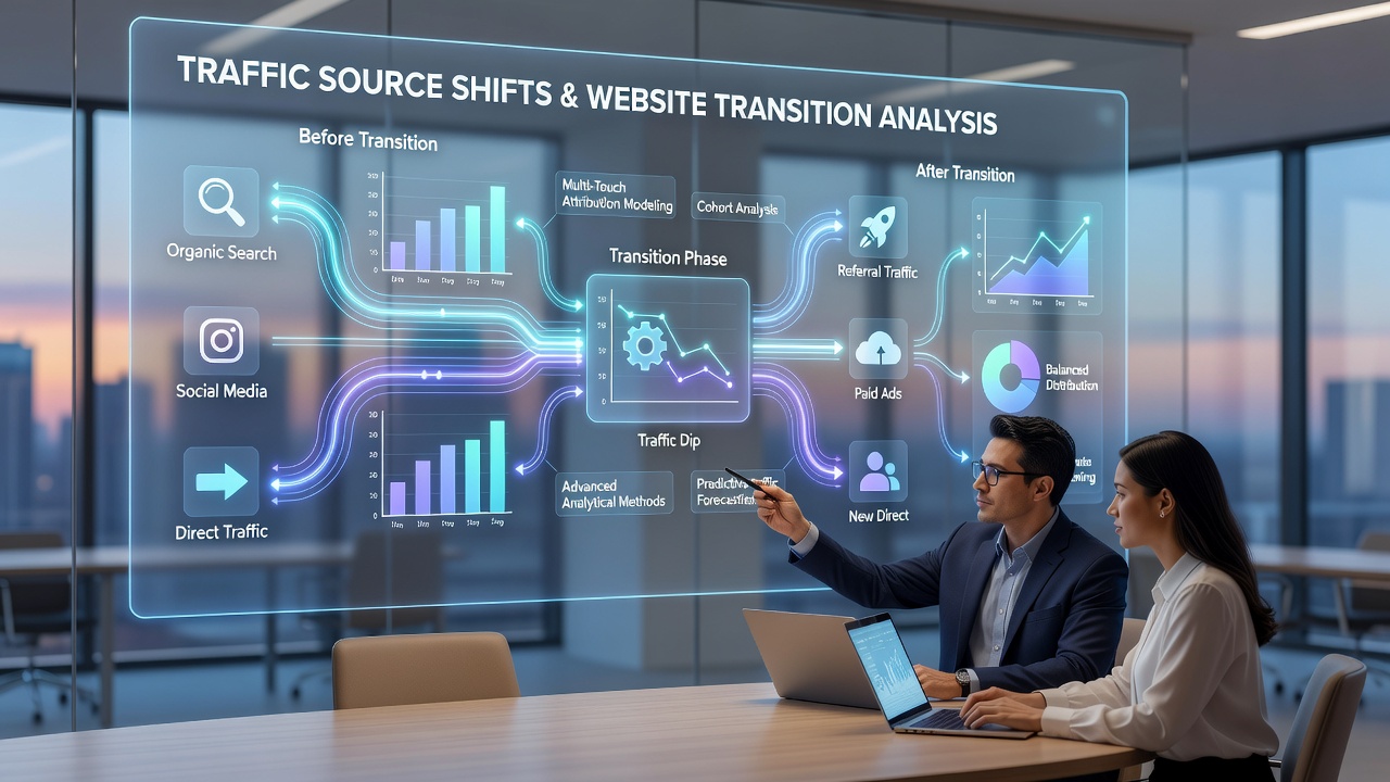 Detailed breakdown of referral and organic traffic trends during a site transition period
